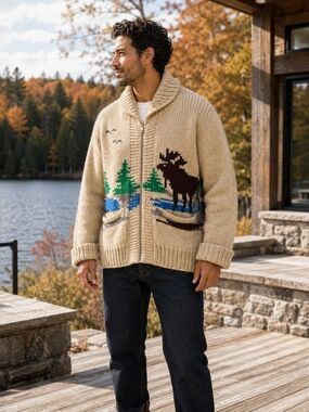 Vintage 50s 60s Mary Maxim Moose #552 Hand Knit Wool Cardigan Sweater M